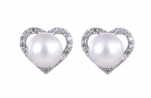 Sterling Silver Cubic Zirconia Button Pearl Heart Stud Earrings