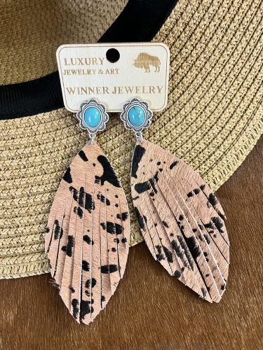 Handcrafted Leopard Print Hair Leather Concho Earrings in Navajo