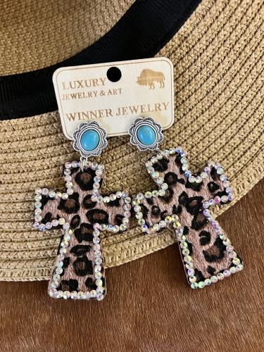 Handcrafted Leopard Print Hair Leather Concho Earrings in Navajo