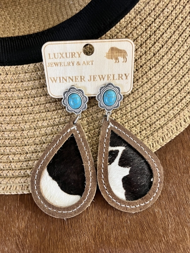 Handcrafted Cow Hair Leather Concho Earrings in Navajo