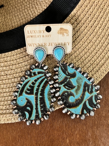 Handcrafted Embossed Leather Concho Earrings in Navajo