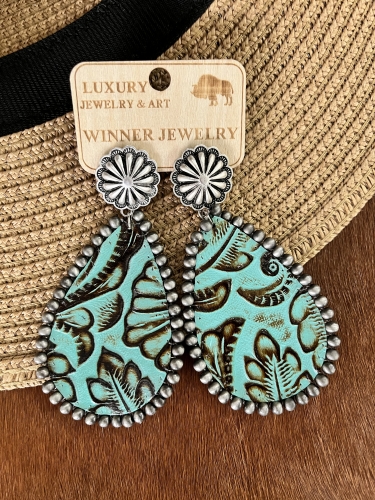 Handcrafted Embossed Leather Concho Earrings in Navajo