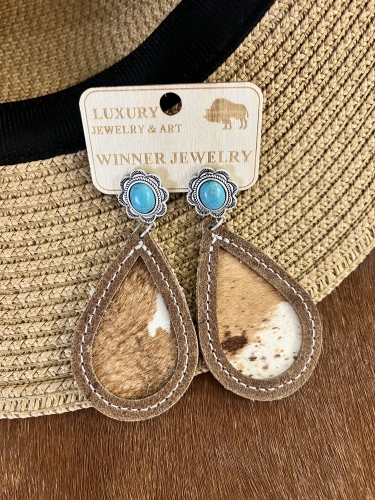 Handcrafted Cow Hair Leather Concho Earrings in Navajo